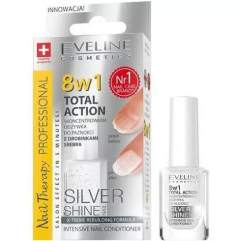 Eveline Nail Therapy Odżywka Silver Shine z drobinkami Srebra, 8w1, 12 ml.