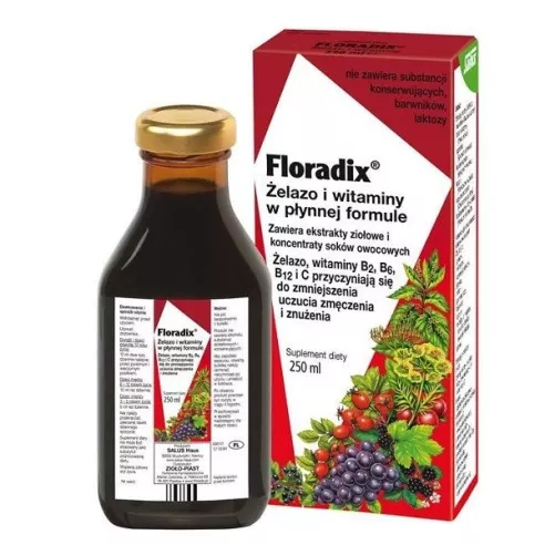 Floradix Żelazo i witaminy w płynnej formule, 250 ml.