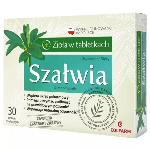 Szałwia - Wyciąg z szałwii, kontroluje wydzielanie potu, 30 tabletek. (Colfarm)