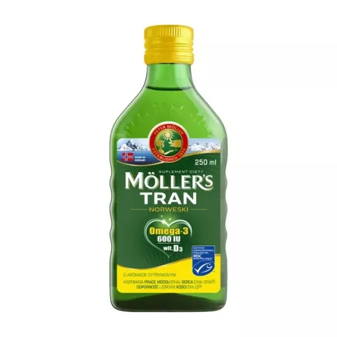 Tran Norweski z witaminami A,D,E, 600 IU, CYTRYNOWY, 250 ml. Moller's