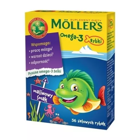 Mollers Omega-3 żelki Rybki MALINOWE, 36 żelek. 