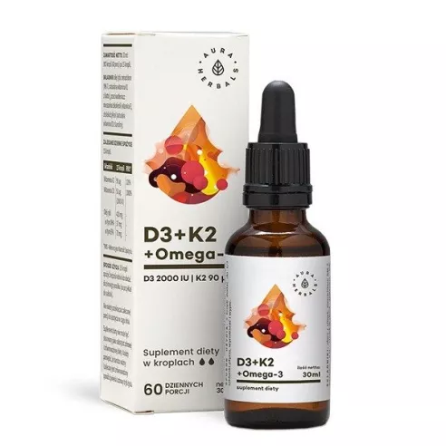 Witamina D3+K2+Omega-3 KROPLE, 30 m. Aura Herbals