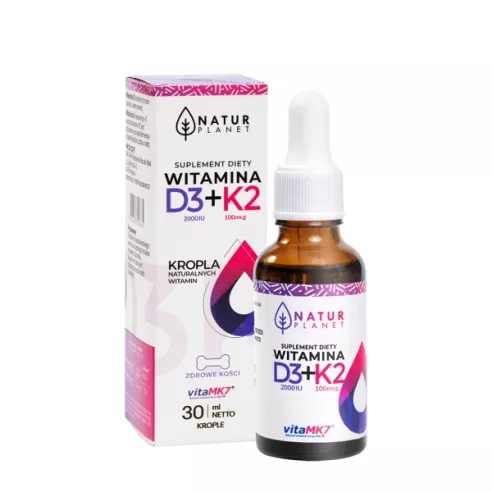 Witamina D3+K2 Forte, Krople z zakraplaczem, 30 ml. Natur Planet.