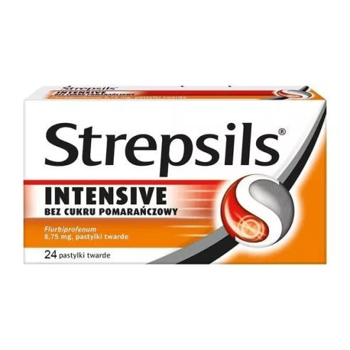 Strepsils INTENSIVE bez cukru, 24 tabletki do ssania o smaku POMARAŃCZOWYM.