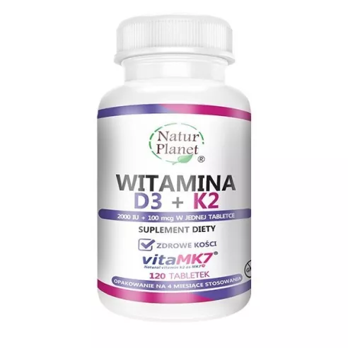 Witamina D3+K2, 120 tabletek. Natur Planet.