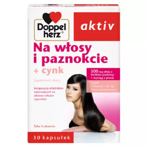 DoppelHerz Aktiv Na włosy i paznokcie + Cynk, 30 kapsułek.