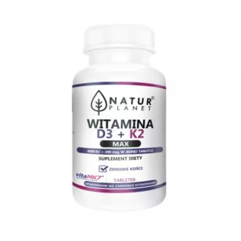 Witamina D3+K2 MAX, 120 tabletek. Natur Planet.