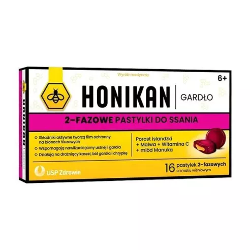 Honikan Gardło 6+, 2-fazowe pastylki do ssania, 16 sztuk.